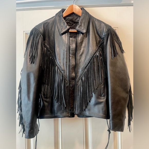 Black Leather Fringe Motorcycle JacketSize Small Great Condition